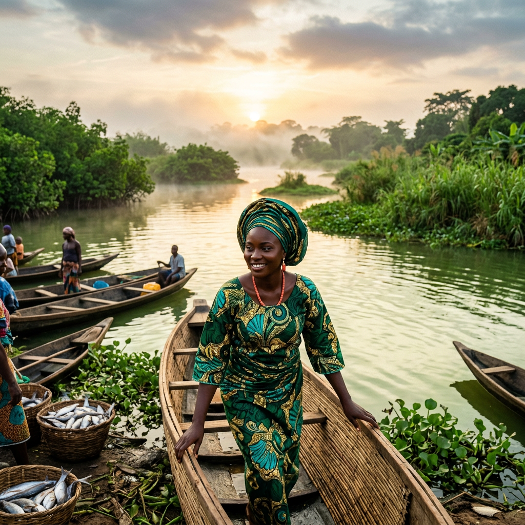 Woman in green traditional clothing standing by wooden boat on river with fish baskets nearby